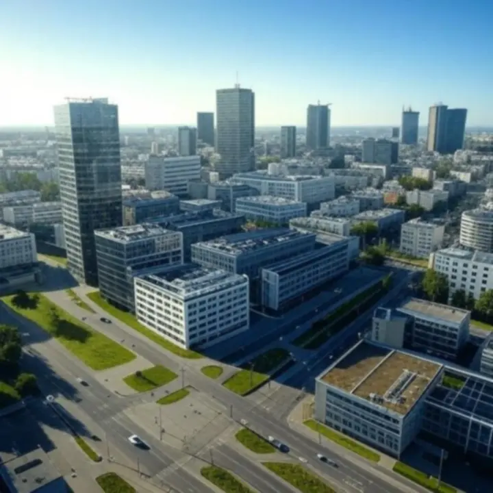 Panorama nowoczesnej zabudowy Warszawy i Łodzi