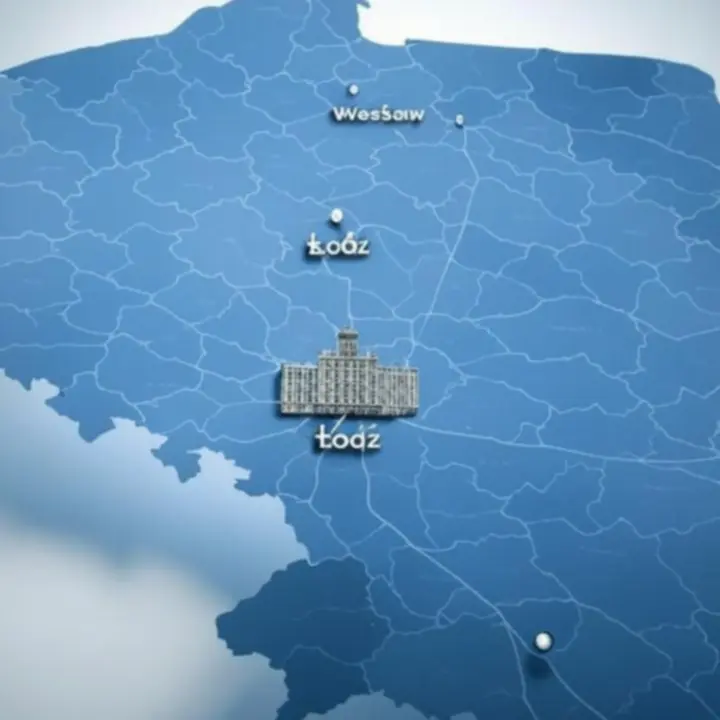 Mini-mapa Centralnej Polski z zaznaczonymi kluczowymi punktami biznesowymi w Warszawie, Łodzi i głównych strefach przemysłowych